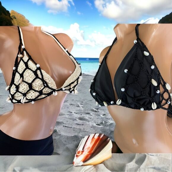 SeaShell Bikini Cover l Black String l Tie Back l Triangle Cut l OS l New - Picture 2 of 12